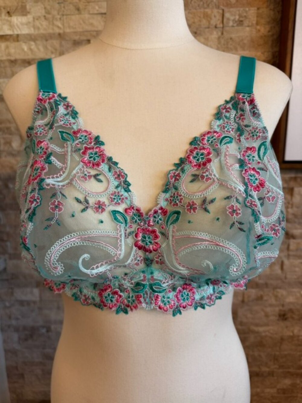 Cosabella Sanika Curvy Tall Triangle Lace Bralette Aqua/Pink NWOT Bridal Size L